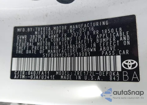 2016 Toyota Corolla L из США, поврежденный, VIN 5YFBURHE9GP519081